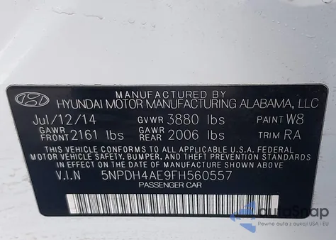 2015 Hyundai Elantra Se z USA, uszkodzony, nr VIN 5NPDH4AE9FH560557